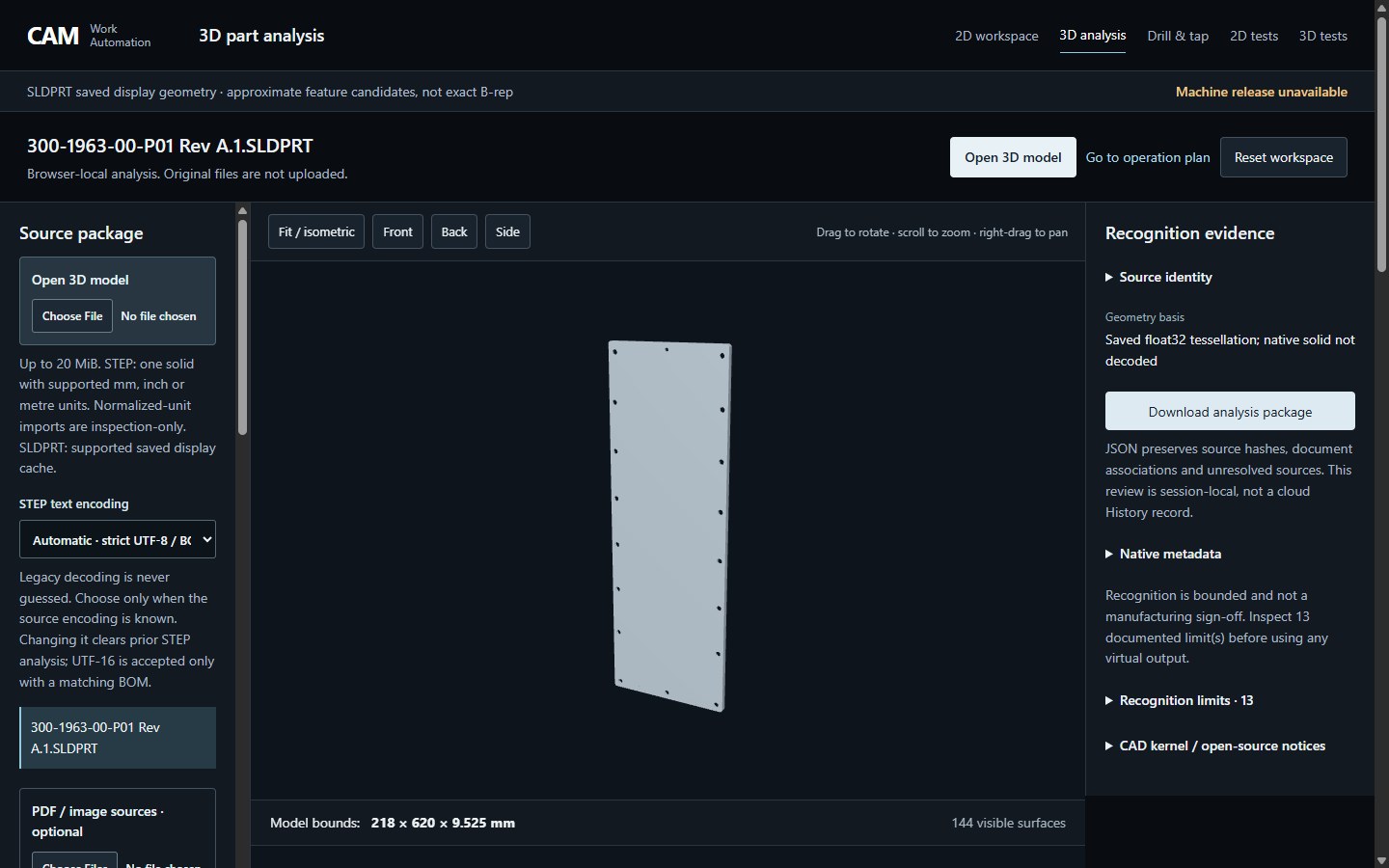 Actual public 3D analysis with the panel, source package and recognition evidence